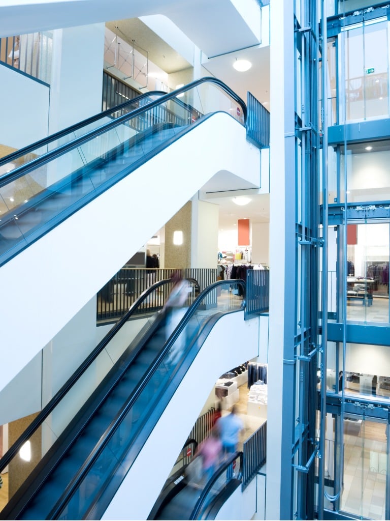 Escalator and Open Elevators in a shopping center